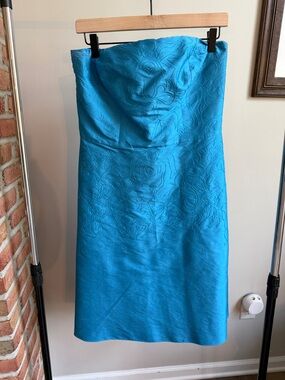 Ann Taylor Strapless Turquoise Embroidered Silk Cocktail Dress